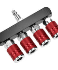 Four Way Straight Air Manifold With Five Ports And One Quarter NPT Inlets Aluminum Line Type Splitter in red aluminum with four couplers