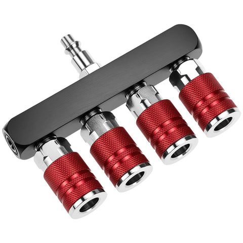 Four Way Straight Air Manifold With Five Ports And One Quarter NPT Inlets Aluminum Line Type Splitter in red aluminum with four couplers