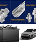 Four Piece Side Battery Terminal Bolts Featuring 3/8 Inch 16 Thread Fitment And Heavy Duty Carbon Steel Battery Post Extension Screws For Cars with a battery and car.