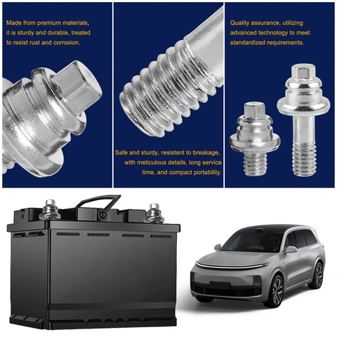 Four Piece Side Battery Terminal Bolts Featuring 3/8 Inch 16 Thread Fitment And Heavy Duty Carbon Steel Battery Post Extension Screws For Cars with a battery and car.
