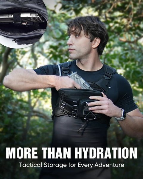 Person wearing Hydration Running Vest With 2L Bladder, Lightweight Chest Pack, Detachable Pistol Holster in forest setting