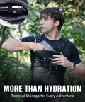 Man wearing black camo 2L Water Bladder Hydration Chest Pack For Running with pistol holster, outdoors