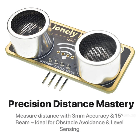 Gold Edition Ultrasonic Distance Sensor Module With Four Modes I2C UART 1 Wire GPIO HC SR04 Compatible For Arduino Raspberry Pi Nano ESP32 Robotics Projects in a close-up view, highlighting gold-plated PCB and dual ultrasonic transducers for precise measurement.