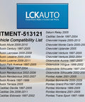 Vehicle compatibility list for Front Wheel Hub Bearing Assembly 513121 with models shown including Chevy, Buick, Cadillac.