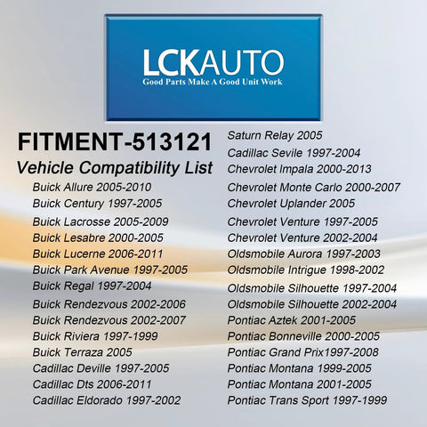 Vehicle compatibility list for Front Wheel Hub Bearing Assembly 513121 with models shown including Chevy, Buick, Cadillac.