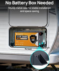Beefed Up 12V 280Ah LiFePO4 Battery With Metal Case installed in RV, highlighting metal casing dimensions and secure fitting