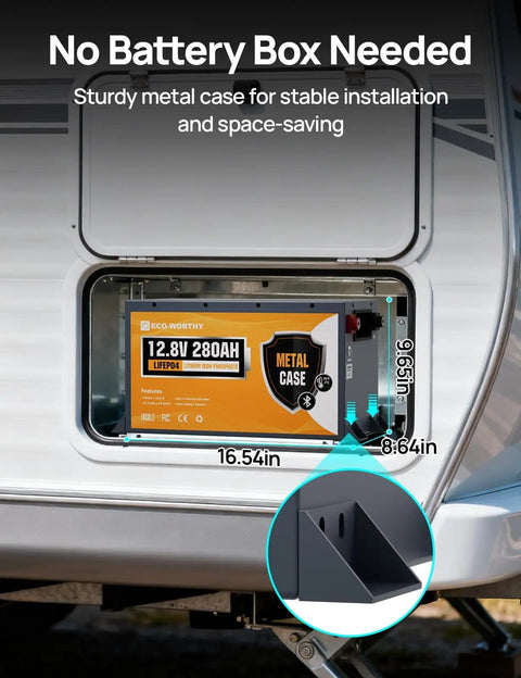 Beefed Up 12V 280Ah LiFePO4 Battery With Metal Case installed in RV, highlighting metal casing dimensions and secure fitting