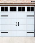 Magnetic Decorative Garage Door Hinges And Handles Kit, 8 Hinges And 4 Handles In Black, on white steel door, carriage-door style