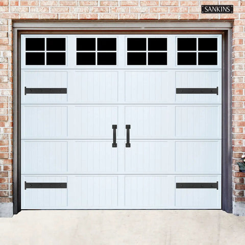 Magnetic Decorative Garage Door Hinges And Handles Kit, 8 Hinges And 4 Handles In Black, on white steel door, carriage-door style