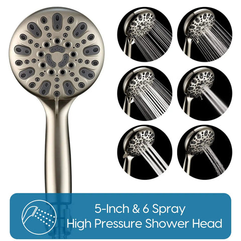 5-inch high pressure handheld shower head with 6 spray settings, part of Matte Black Shower Faucet Set With Tub Spout And Handheld Shower Head Valve Included Easy Install No Fuss Upgrade For Modern Bathrooms Durable Metal Finish With Premium Chrome Look And Seamless Water Flow