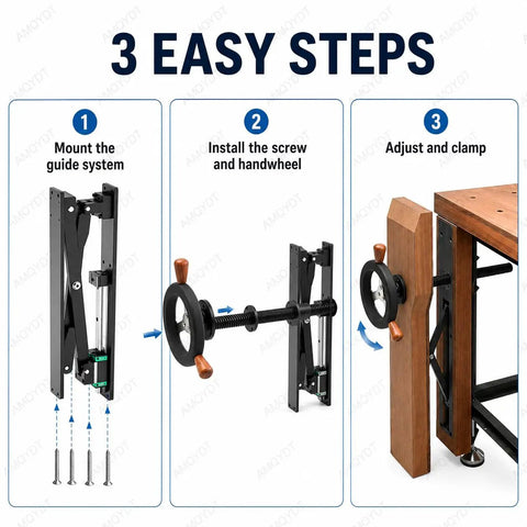 3 easy steps for Built Like A Tank Workbench Leg Vise Assembly With 30Mm Steel Screw And 175Mm Handwheel for quick clamping.