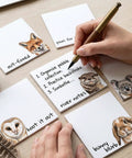 9 Pack Cute Sticky Note Pads With Funny Animal Puns Hand Drawn Style Notepads in use with animal illustrations and pen.