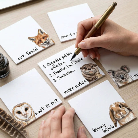 9 Pack Cute Sticky Note Pads With Funny Animal Puns Hand Drawn Style Notepads in use with animal illustrations and pen.