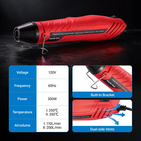 300W heat gun from All In One 485 Piece Solder Seal Wire Connector Kit with temperature and air volume specifications.