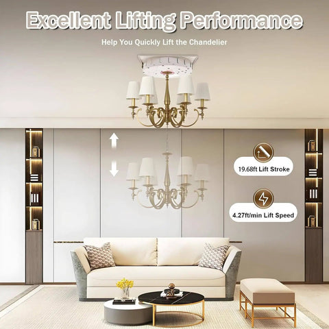 550 Lbs Electric Chain Hoist With Wireless Remote Heavy Duty Ceiling Lift For Fixtures And Shop Work Solid Steel Build Smooth Operation A Real Workhorse For Serious DIY Crews And Pros Who Expect Nothing But The Best lifting a chandelier with 19.68 ft lift stroke in a modern living room.