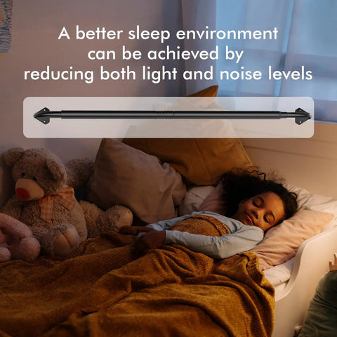Sleeping child with teddy bears, showcasing wrap around blackout curtain rods for windows 30 to 60 inches, heavy duty black finish