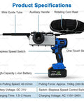 Liuyunfei Electric Cable Puller Wire Stringing Machine Fish Tape Threader showcasing wire guide, one-touch switch, and battery specifications.