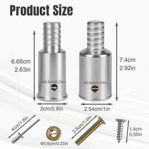 Product size diagram of Aluminum Threaded Mop Handle End Repair Kit And Extension Pole Adapter Set Dual Pack For Broom Sticks.