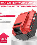 Badass 20V 8.0 Ah Lithium Ion Battery Pack For Porter Cable 20 Volt Max Power Tools shown on stand, highlighting 8000mAh capacity.