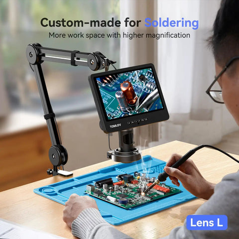 HDMI Soldering Microscope With Flexible Arm, 3 Lens Magnification, 360 Degree Base Rotation, 135 Degree Horizontal Extension, 180 Degree Vertical Movement, Foldable Design, Dope Lighting For Precise Electronics Work And Repairs. Lens L view