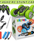 2.4GHz Off Road RC Car With Dual Sided 360 Degree Roll, Four Wheel Drive, High Speed Stunt Racer, LED Headlights, Green Color