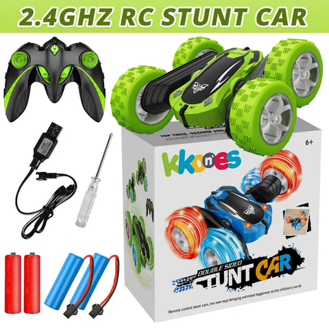 2.4GHz Off Road RC Car With Dual Sided 360 Degree Roll, Four Wheel Drive, High Speed Stunt Racer, LED Headlights, Green Color