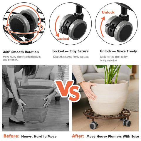 Comparison of using Three Pack Heavy Duty Metal Plant Caddies With Wheels 13.5 Inch Rolling Plant Stand Dollies indoors