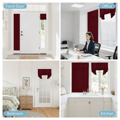 Easy Install Front Door Sidelight Curtain, No Drill Privacy Window Cover, Thermal Insulation For Patio Glass Doors, 12 Inch By 69 Inch Red, 1 Panel Full Kit With Adhesive Straps And Manual, Quick Mess Free Setup shown in various room settings.