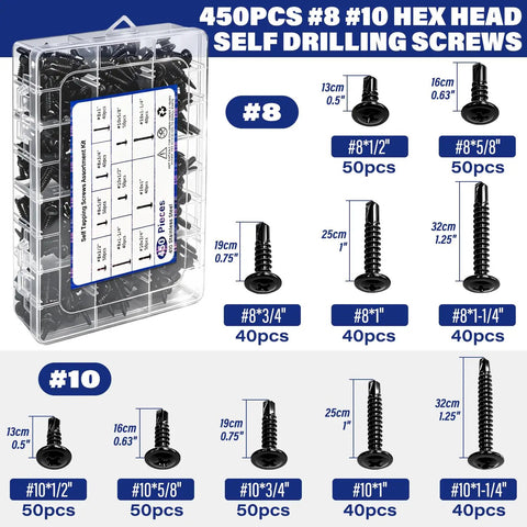 450 Piece Go-To Black Self Drilling Screws Kit With 410 Stainless Steel Assortment No 8 and No 10 truss head screws display