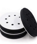 Stack of Five Pack 5 Inch Soft Density Interface Pads With Eight Hole Design, Hook And Loop Backing, showcased on white background.