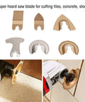 Six Piece Oscillating Saw Blade Set With Carbide Grit For Grout Removal And Tile Cutting displayed and in use on tiles