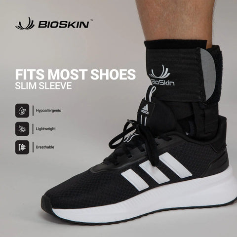 TriLok Ankle Brace With Figure Eight Stabilizer And FootLok Arch Lift for sprained ankles shown on a shoe, lightweight and hypoallergenic