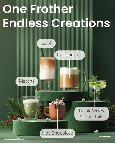 Assorted drinks, including latte, cappuccino, matcha, hot chocolate, and cocktail, with text "One Frother Endless Creations".