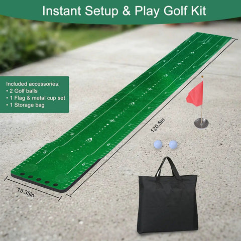 Indoor Golf Putting Mat With Premium Velvet Surface And Anti Slip Base For Stable, Realistic Rolls shown with accessories