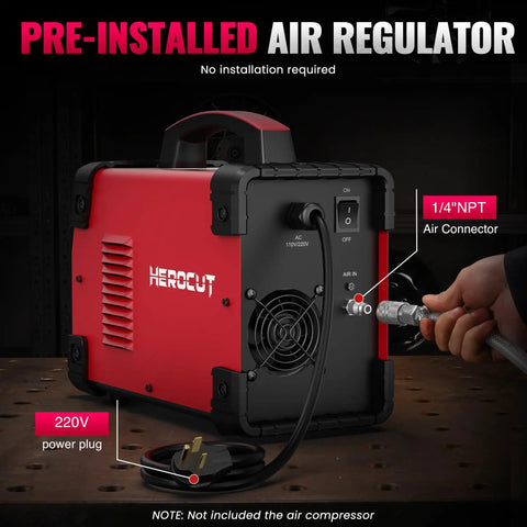 65 Amp Dual Voltage Plasma Cutter With Non Touch Pilot Arc And Screen Display IGBT Inverter 110 220V 20mm Cutting Thickness Air Sensor 2T 4T Modes Beginner Friendly DIY Metalworking Tool shown with pre-installed air regulator and 220V plug
