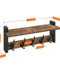 Rustic Wood Wall Shelf With Five Metal Hooks Coat Rack dimensions in rustic brown and black finish