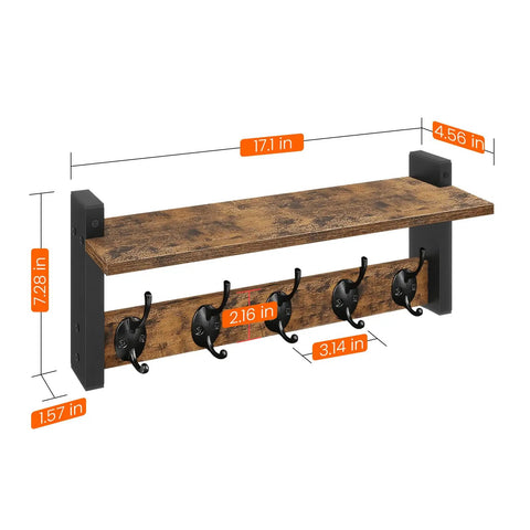 Rustic Wood Wall Shelf With Five Metal Hooks Coat Rack dimensions in rustic brown and black finish