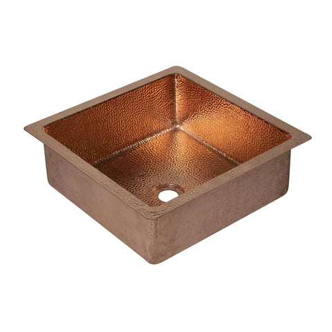 HomeStock Square Hammered Copper Bathroom Vessel Sink for Vanity, 15 Inch Basin, Bronze Finish, square shape with hammered texture.