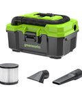 Workhorse Cordless 3-Gallon Wet And Dry Shop Vacuum Kit with hose, HEPA filter, crevice tool, and nozzle attachments