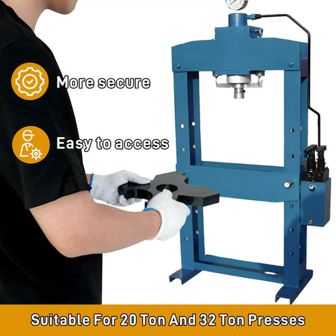 Two Pack 7x7x1 Hydraulic Press Plates For H Frame Arbor Press, operator fitting black steel plate into 20/32 ton press