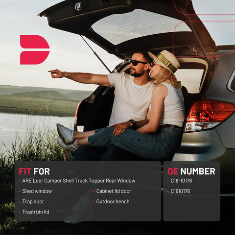 Couple at sunset next to a car with an open trunk, showcasing Heavy Duty 14 Inch Gas Shock Struts 35 Lbs Lift Supports for camper shells.