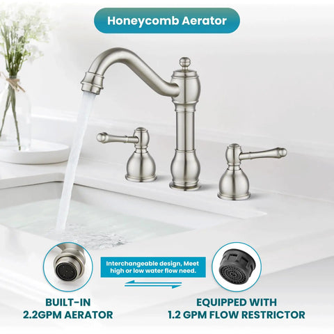 Widespread 8 Inch Bathroom Faucet For Sink With 3 Holes, Two Lever Handles, Deck Mount, Brushed Nickel Finish, Vintage Style