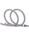 Built Tough Braided Stainless Steel Faucet Supply Lines Twenty Inch Length With Half Inch Female Iron Pipe Connectors stacked for easy access.