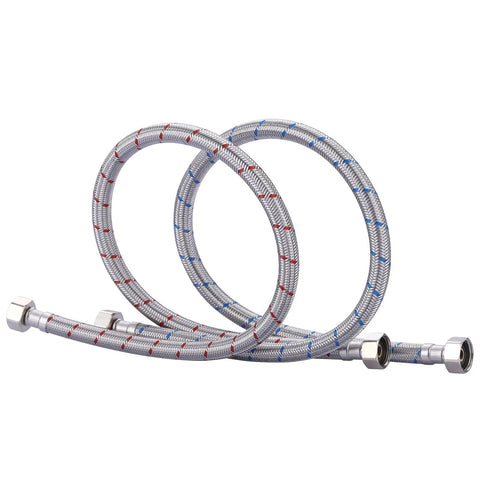Built Tough Braided Stainless Steel Faucet Supply Lines Twenty Inch Length With Half Inch Female Iron Pipe Connectors stacked for easy access.