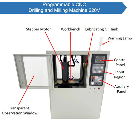 Programmable CNC Drilling And Milling Machine With 12000RPM ER20 Spindle Dual Cooling and Safety Guard 220V showing control and workbench