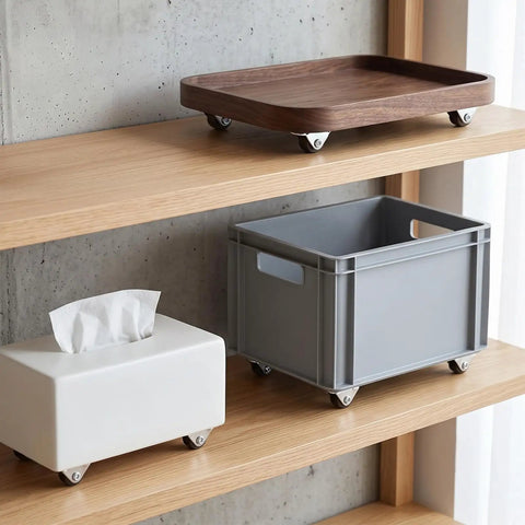 Eight Pack Of One Half Inch Rigid Caster Wheels With Compact Low Profile Design For Smooth Rolling On Desks And Furniture Includes Premium Hardware Pieces displayed on wooden shelf with storage items.