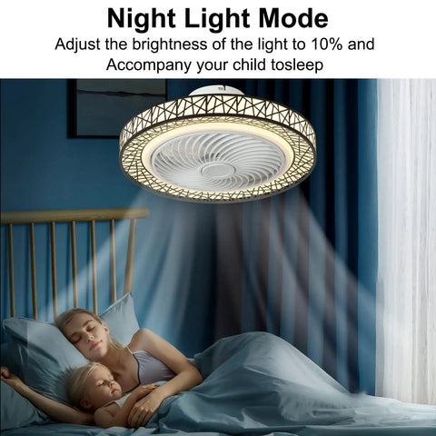 Bladeless 20 Inch Ceiling Fan With Lights And Remote Modern Enclosed Low Profile Black Housing in night light mode above bed