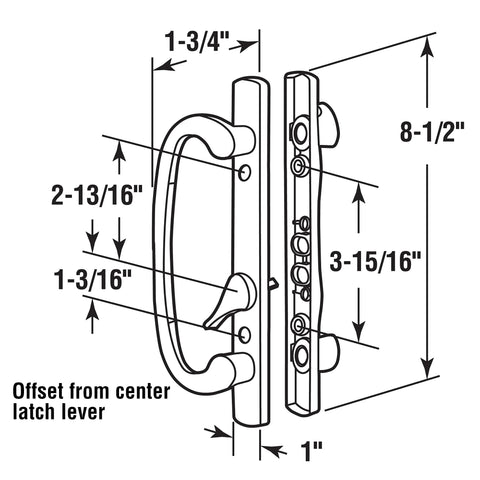 Diagram of Mortise Style Sliding Patio Door Handle Set In Bronze Diecast Non Keyed Fits Three And Fifteen Sixteenth Inch Hole Spacing
