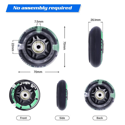 Dimensions and views of 8 Pack 70mm Light Up Inline Skate Wheels With ABEC 7 Bearings 82A Hardness For Indoor Outdoor Replacement Roller Blade Wheels No Tool Required Great For Park And Street Skating Easy To Install.