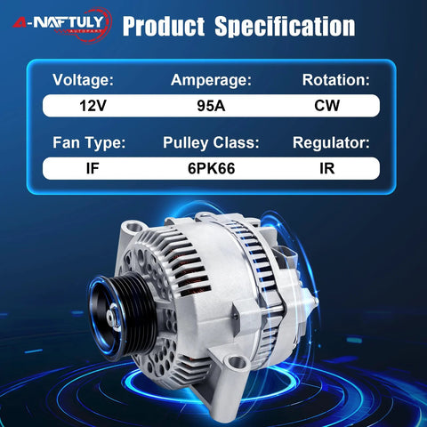Plug-N-Play Alternator Replacement For Ford Ranger F150 E150 Explorer Escort Bronco And More 2.3L 2.5L 3.0L 4.0L 5.0L 5.8L Engines 1992 1993 1994 1995 1996 1997 1998 Compatible With 92-98 Models, showing 95A 12V alternator, CW rotation, 6-groove pulley.